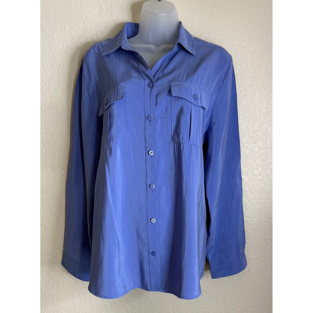 Chicos 2 US Large Button Down Shirt Purplish Blue Modal Blend Roll Tab Sleeve